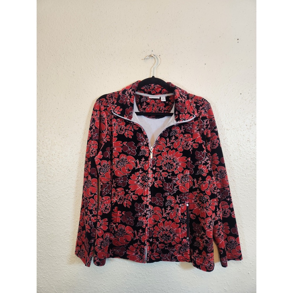 Croft & Barrow Womens PL Red Floral Velour Full Zip Mock Neck Jacket Pockets